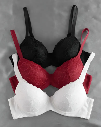 Kit 3 Sutiãs com Bojo Rendado e Alça Reforçada