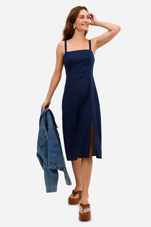 Vestido Midi Feminino com Linho e Fenda