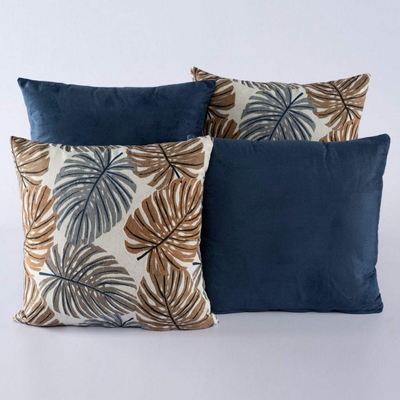 Kit com 4 Almofadas Decorativas Folha Azul Marinho