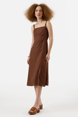 Vestido Midi Feminino com Linho e Fenda