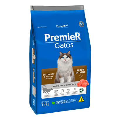 Ração Premier Ambientes Internos Gatos Castrados 6 Meses a 6 Anos Salmão