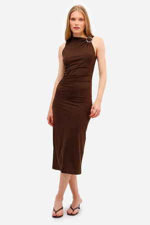 Vestido Midi Feminino Franzido com Gola Alta