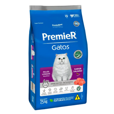 Ração Premier Ambientes Internos Gatos Adultos Pelos Longos Salmão