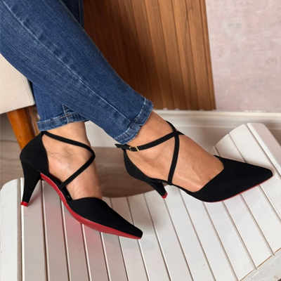 Scarpin Feminino Sola Vermelha Nobuck Camurça com Tiras