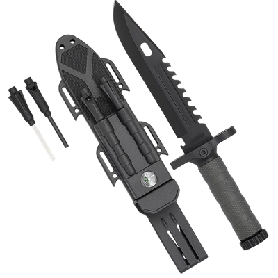 Faca Tática Militar Esportiva com Bainha, Bússola e Pederneira