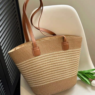 Bolsa de Palha Grande – Modelo Bege com Alça Caramelo