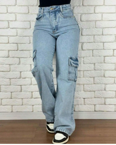 Calça Jeans Cargo Wide Leg Confortável Tendência 2026