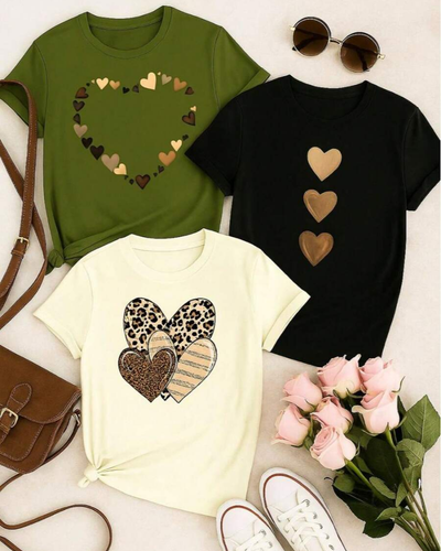 Kit 3 T-Shirts Femininas 100% Algodão Estampadas (Corações)