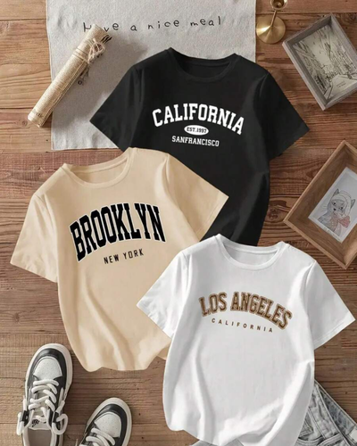 Kit 3 Camisetas Básicas Femininas (Los Angeles, Brooklyn e California)