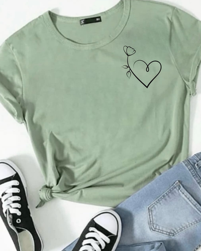 Camiseta Feminina Minimalista Algodão (Coração e Flor)