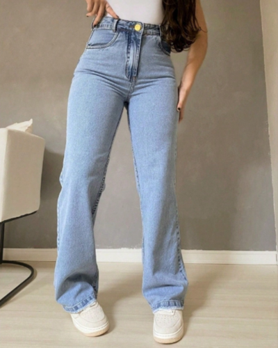 Calça Jeans Wide Leg Azul Claro Cintura Alta