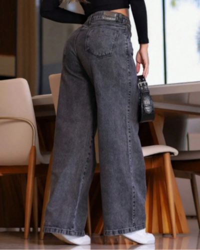 Calça Jeans Wide Leg Grafite Cintura Alta Modela Bumbum