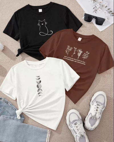 Kit 3 T-Shirts Femininas de Algodão (Lua, Gatinho e Flores)