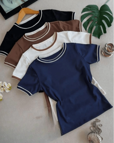 Blusa T-Shirt Feminina Ribana Detalhes na Gola e Manga