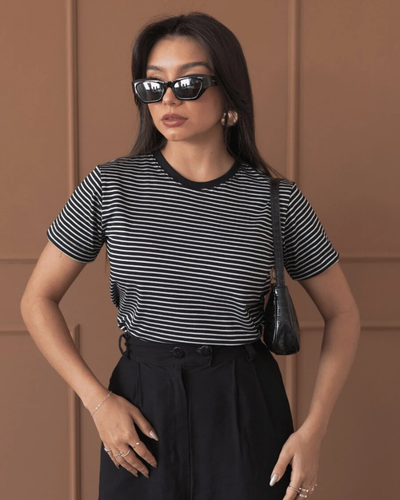 Blusa Camiseta Feminina Listrada Básica Gola O