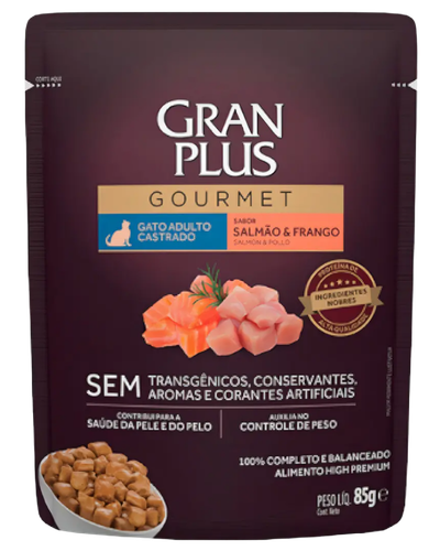 Caixa GranPlus Gourmet com sach&ecirc;s de salm&atilde;o e frango para gatos castrados