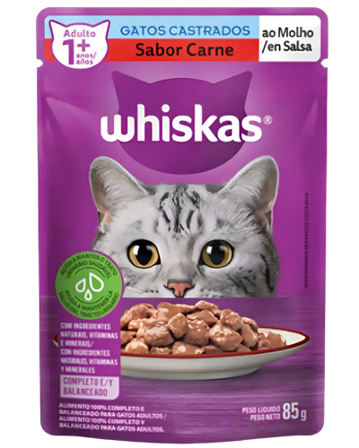 Caixa Whiskas com sach&ecirc;s de carne ao molho para gatos adultos castrados