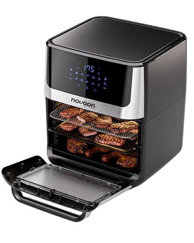 Novoon Air Fryer Oven 12L preta com cesto e bandejas removíveis