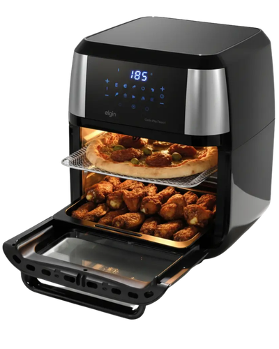 Elgin Oven Fry de 12 litros com porta aberta e duas prateleiras