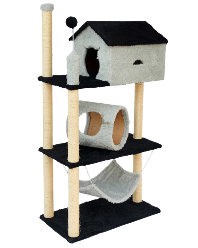 Arranhador para gatos de três andares com casinha, túnel, rede e postes de sisal