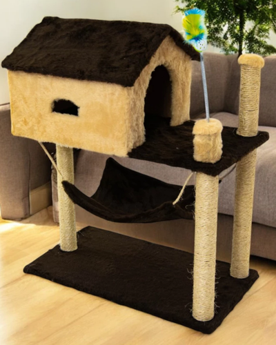 Arranhador playground para gatos com casinha, plataformas, postes e brinquedo