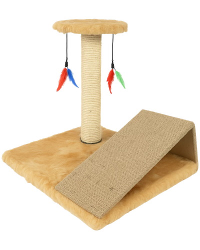 Arranhador bege para gatos com poste de sisal, rampa e brinquedos de penas