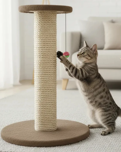 Arranhador vertical para gatos com torre de sisal de 60 cm, base redonda e brinquedo