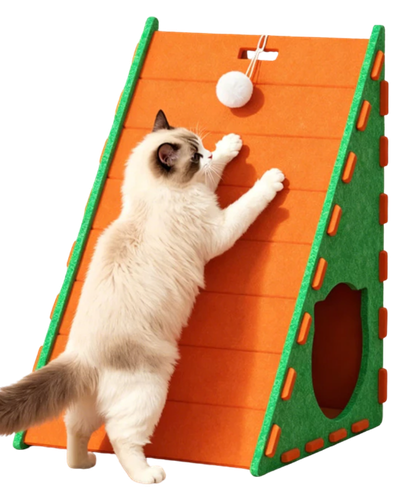 Arranhador triangular de feltro para gatos com casinha e pompom