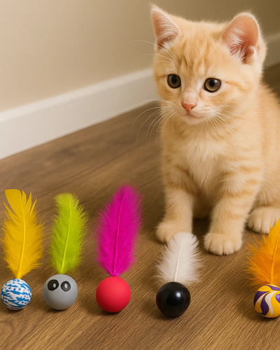 Kit com dez bolinhas coloridas e penas para gatos