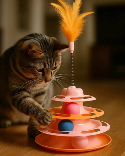 Torre rosa de quatro níveis com três bolinhas e mola para gatos