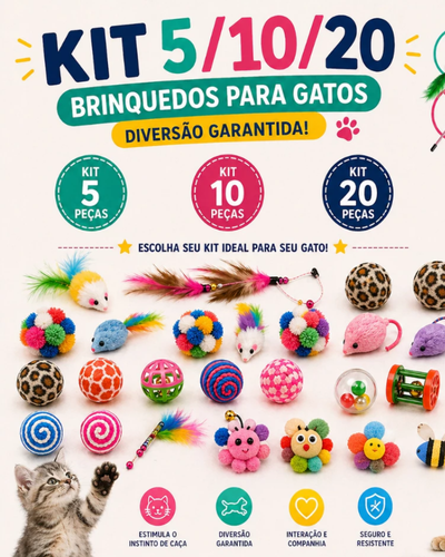 Kit sortido com bolinhas ratinhos e varinhas para gatos