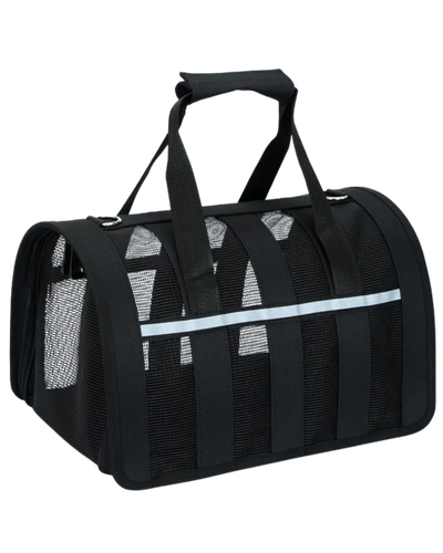 Bolsa de transporte flex&iacute;vel rosa e preta para gatos com pain&eacute;is de tela