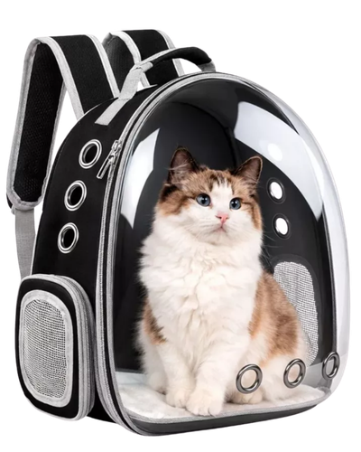 Mochila astronauta preta para gatos com janela frontal panor&acirc;mica e respiros