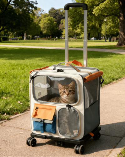 Mochila de transporte para gatos com rodas 360 graus, al&ccedil;a retr&aacute;til e janela frontal