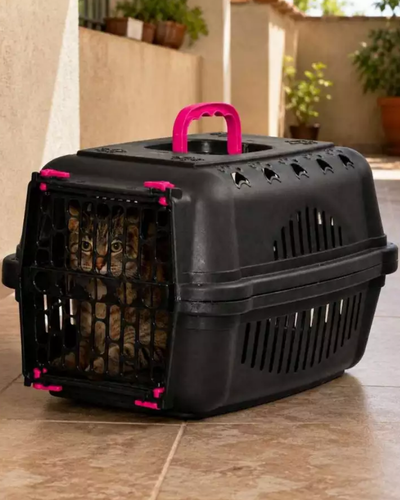 Caixa de transporte r&iacute;gida DuraPets preta e rosa para gatos com porta gradeada