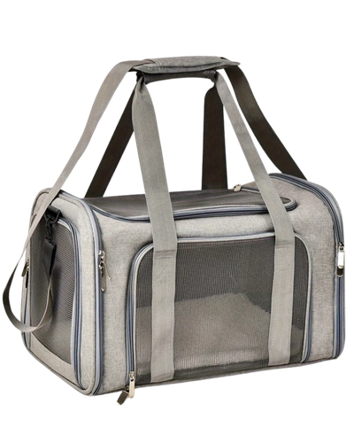 Bolsa de transporte cinza para gatos com telas, tapete e al&ccedil;a de ombro