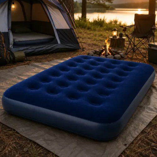 Colch&atilde;o infl&aacute;vel de casal azul em cen&aacute;rio de camping