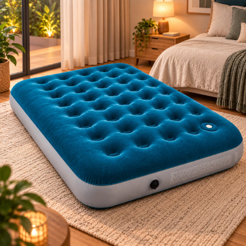 Colch&atilde;o infl&aacute;vel azul com superf&iacute;cie aveludada em quarto