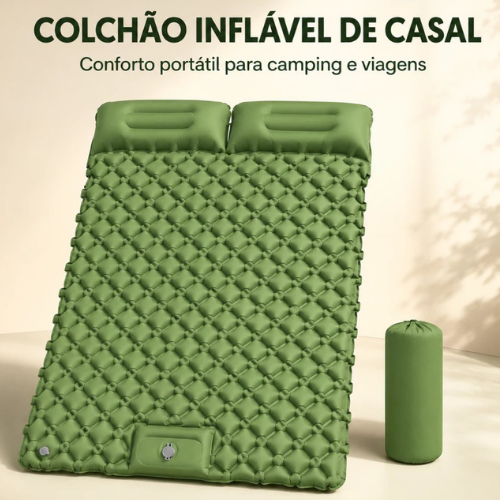 Colchonete infl&aacute;vel verde de casal com travesseiros integrados