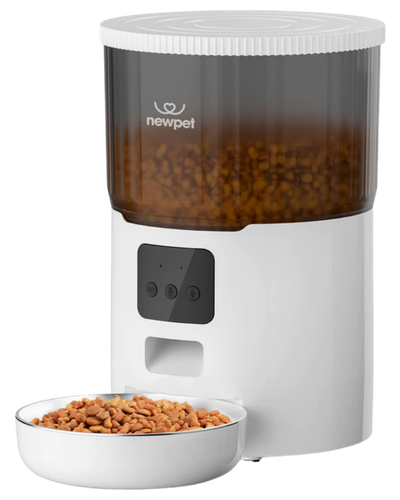 Alimentador autom&aacute;tico Newpet 4L branco com painel frontal e tigela met&aacute;lica