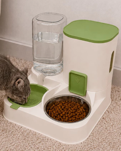 Comedouro e bebedouro autom&aacute;tico bege para gatos com reservat&oacute;rios transparentes