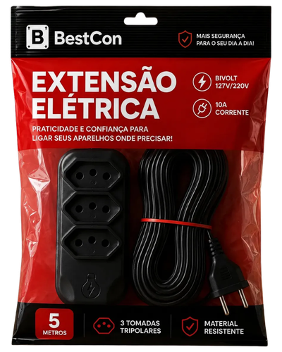 Extensão BestCon preta de cinco metros e três tomadas