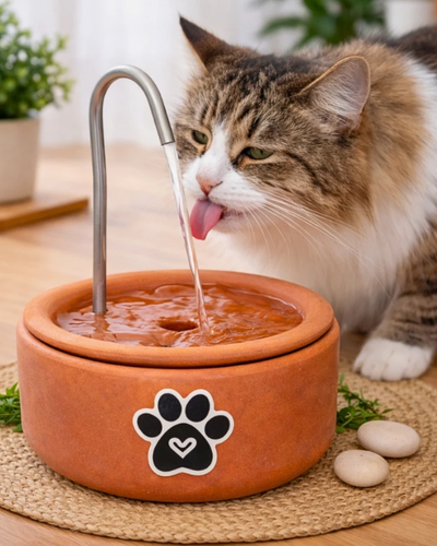 Fonte de &aacute;gua para gatos em cer&acirc;mica de barro terracota com bica met&aacute;lica