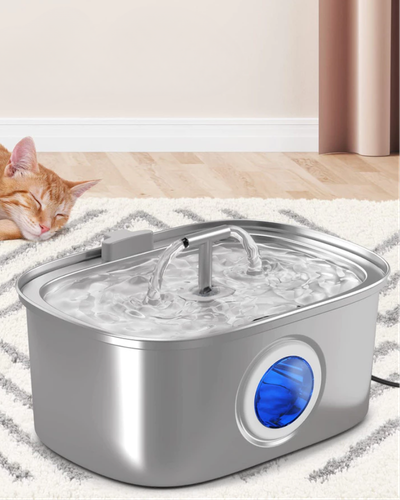 Fonte de &aacute;gua Newpet 3,2L em a&ccedil;o inox com janela transparente azul