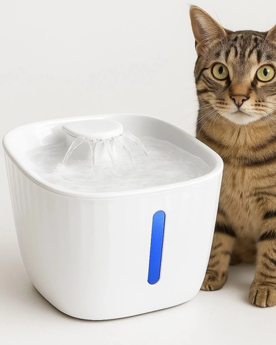Fonte de &aacute;gua branca de 3L para gatos com LED azul e visor frontal