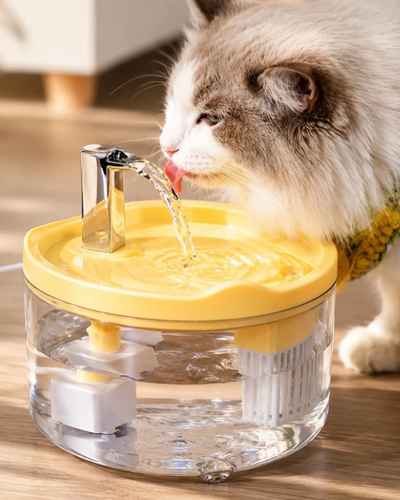 Fonte transparente de 1,5L amarela para gatos com filtro e circula&ccedil;&atilde;o de &aacute;gua