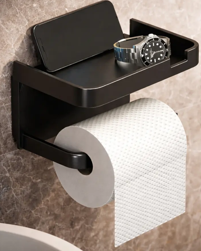 Suporte para papel higi&ecirc;nico Ligeiro preto com prateleira para celular