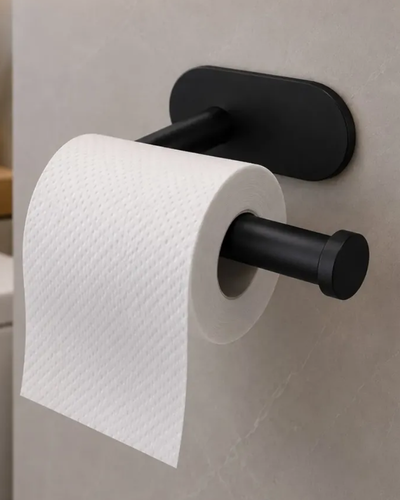 Porta papel higi&ecirc;nico autoadesivo preto para banheiro
