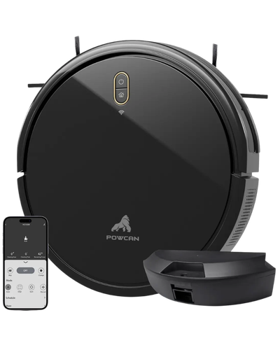 Robô aspirador Powcan preto com mapeamento LiDAR, Wi-Fi e base carregadora