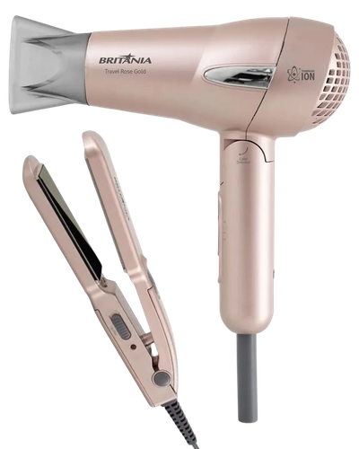 Kit Brit&acirc;nia Travel Rose Gold com secador dobr&aacute;vel difusor e prancha